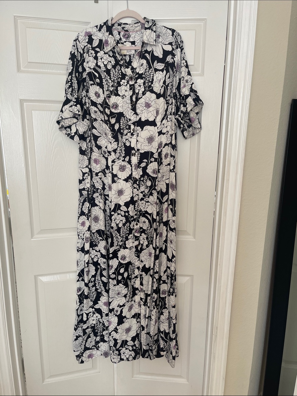 Mauve/Anthropologie Black and White Floral Maxi Dress with Purple details MAXI